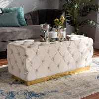 Baxton Studio WS-4228-Beige Velvet/Gold-Otto Corrine Glam and Luxe Beige Velvet Fabric Upholstered and Gold PU Leather Ottoman